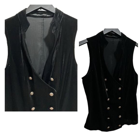 NEW Y2K SZ S Retro Black Velvet Corset Military Vest Gothic Button Festival Top - Picture 6 of 9
